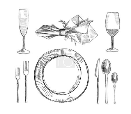 Téléchargez les illustrations : Un ensemble de vaisselle pour la table de mariage. Croquis noir et blanc. Vecteur. - en licence libre de droit