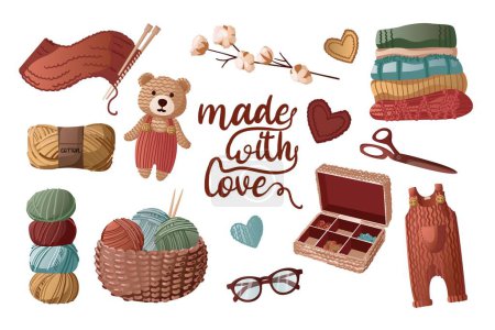 Illustration for Knitting, merino scarf, wool with wooden spindle, merino sheep and wool skeins. Wool knitting concept. Female hobby knitwork, handicraft, hand-knitting and crocheting. Vector illustration - Royalty Free Image