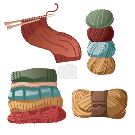 Stacked yarn balls and knitting needles with a swatch, ideal for knitting, crafts, and DIY projects.