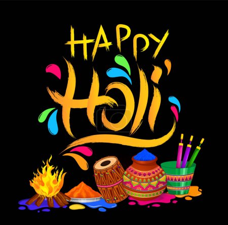 Illustration for Happy holi festival. colorful pot and powder. vector illustration design. - Royalty Free Image