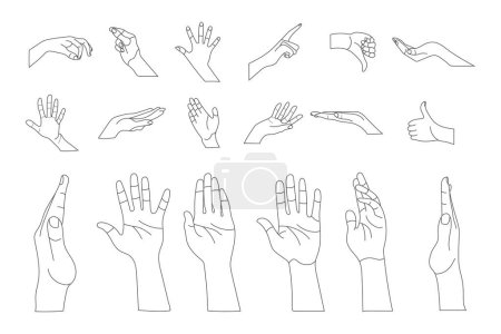 Conjunto de gestos humanos de la mano, ilustraciones de arte de línea mínima, ok, pulgar hacia arriba y señalar el dedo
