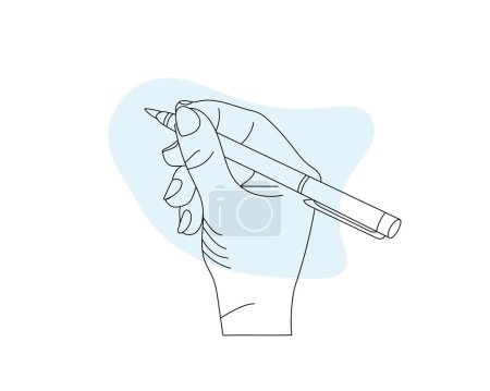 Human hand holding pen and writing, gesture position sketch line drawing, minimal line art illustrations