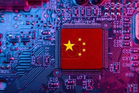 Photo for China flag on Computer Chip for Chip War Concept. Global chipmakers CPU Central processing Unit Microchip on Motherboard  Republic of China world largest chip manufacturer and supply chain. - Royalty Free Image