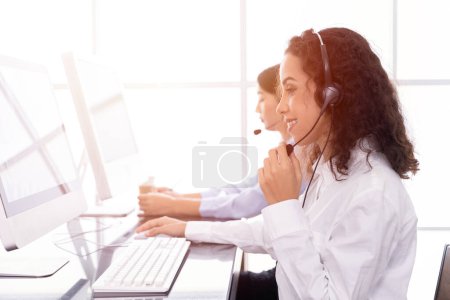 call center woman happy service working. customer support team staff enjoy to help and contact using CRM software.sale agent people.