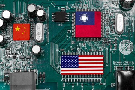 Foto de Bandera de Taiwán EE.UU. y China en chips electrónicos digitales para chip war global líder mundial concepto de competencia de fábrica de chips. - Imagen libre de derechos