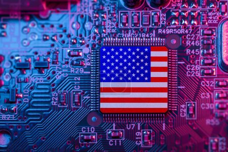US flag on Computer Chips for Chip War Concept. USA Global chipmakers. Microchip on Motherboard with America world largest chip manufacturer and supply chain concept.
