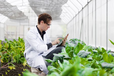 Agriculture scientist man working plant research in bio farm laboratory. Biologist study collecting data with laptop computer. Poster 653836948