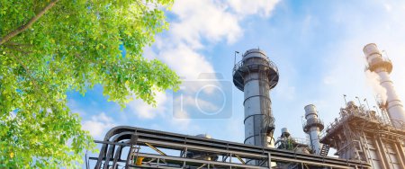 Grüne Industrie. Öko-Kraftwerk. Petrochemische Industrie Fabrik spart Umwelt Ozon niedrigen CO2-Fußabdruck breit für Banner.
