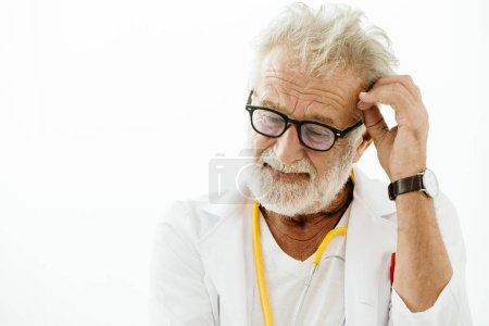 Photo for Senior elderly doctor scientist stressful unsolved problem thinking gesture closeup on white background. - Royalty Free Image