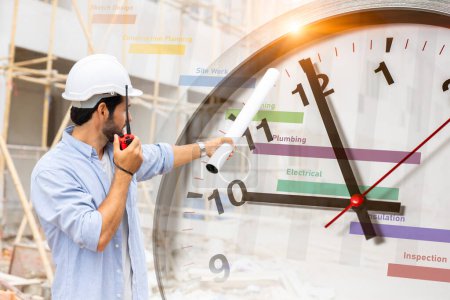 Bauarbeiter mit Zeitplan Projekt Timeline und Arbeitszeituhr für Steuerung Timing pünktliches Bauprozesskonzept