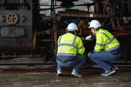 Equipo de ingenieros mantenimiento de servicio antiguo parque de trenes de vapor diesel roto en el equipo de depósito ferroviario que trabaja con traje de seguridad.
