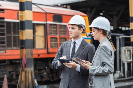 Foto de Hombre y mujer de negocios de pie juntos hablando en la industria pesada locomotora taller de construcción. - Imagen libre de derechos