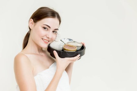 Photo for Beauty women caucasian model with herbal spa massage cream set isolated on white background - Royalty Free Image