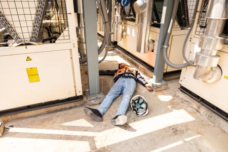 Photo for Engineer accident at work site. worker injury from electricity shock or hot weather heat stroke. - Royalty Free Image