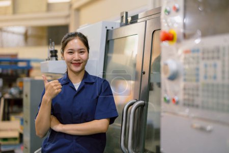 Porträt einer asiatischen Arbeiterin, die in der Schwerindustrie arbeitet. Junge Ingenieurin freut sich über Daumen hoch.