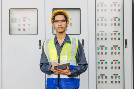 Foto de Ingeniero electricista masculino asiático trabaja de pie en el sistema de suministro de bombeo de refrigeración por agua de control del armario del circuito principal. - Imagen libre de derechos