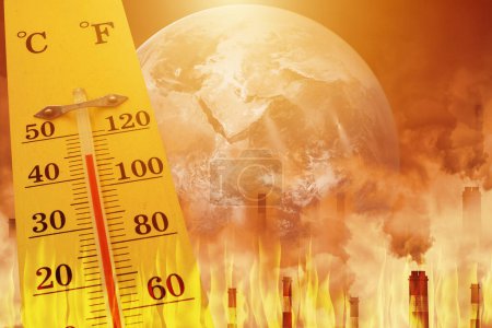 Stadt heiße Temperatur, Thermometer am gelben Himmel mit Sonnenschein im Sommer zeigt höheres Wetter, Konzept globale Erwärmung, Element von der NASA