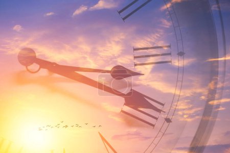 Clock face memory time in sun bright sky. Time passing sunset or sunrise sky overlay