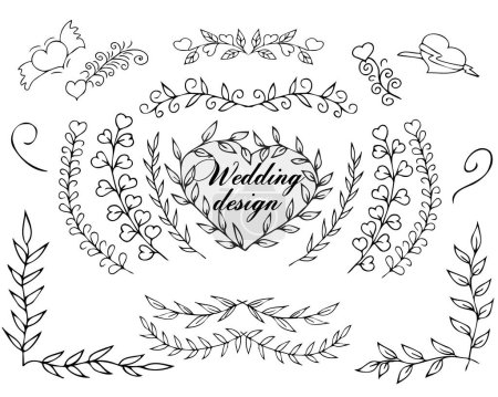 Set, beautiful stylized wedding, festive design for decoration of holiday invitations, cards, dividers, floral tender branches. Modern templates. Original hand drawing. Isolated on background.