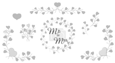 Ilustración de Tarjeta de boda, plantilla floral Lovely Wedding Design Vektor para tarjetas de boda con letras Mr y Mrs y delicada corona con ramas. Aislado en el fondo. Vektor. - Imagen libre de derechos