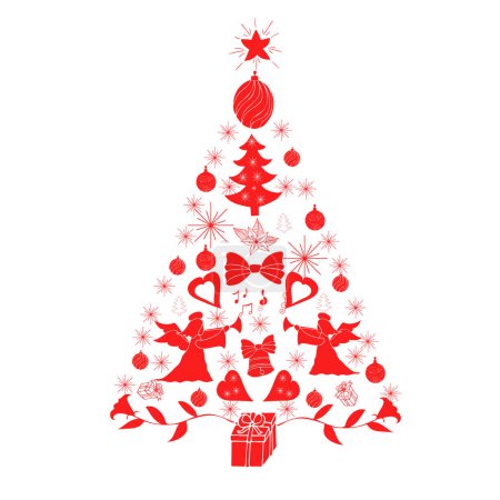 Téléchargez les illustrations : Salutation de la carte de Noël du Nouvel An, affiche de voeux, de nombreux éléments décoratifs disposés en cercle : arbre de Noël, anges, fleurs, boules, cœurs, arcs. Style scandinave folk rouge. Stocks - en licence libre de droit