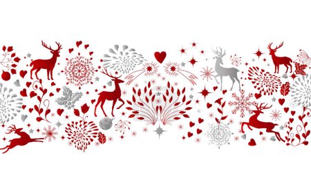 Illustration for Greetings, background with New Year Christmas card, holiday greeting poster, many elements organized. Red folk scandinavian style. Stock illustration - Royalty Free Image