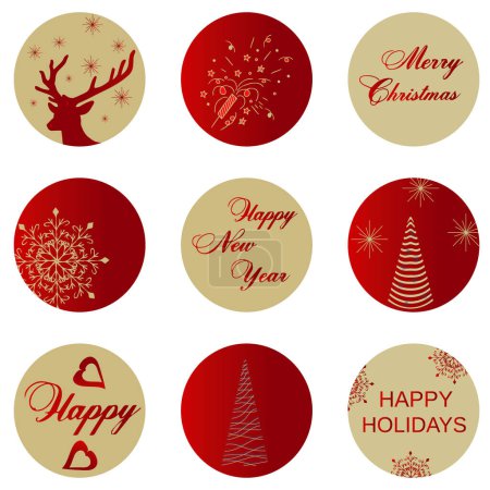 Téléchargez les illustrations : Icônes rondes avec design Nouvel An et Noël, arbres de Noël, cerfs, flocons de neige, texte de salutations. Pour mettre en évidence des histoires, des réseaux sociaux, pour les blogueurs, les photographes, pour mettre en évidence des couvertures. - en licence libre de droit
