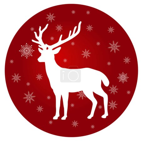 Stylized Christmas deer decorated with snowflakes isolated on red background in circle shape