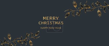 Illustration for Happy New Year Christmas card, black-gold background. For greetings with festive decor. Premium - Royalty Free Image