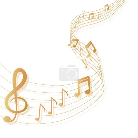 Musikalischer Hintergrund mit Notenschlüssel und Noten und 3D-Effekten in Goldtönen