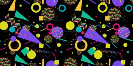 Seamless pattern with geometric shapes in the style of the 80s on a dark background. Colorful geometric pattern. Design of advertising products, wrapping, banner, print, poster