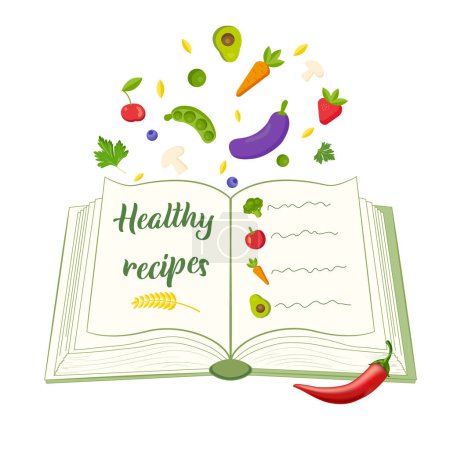 Offenes Buch mit Rezepten für gesunde Ernährung, vegetarisches Essen, Gemüse, Obst, Getreide. Flache Vektorabbildung
