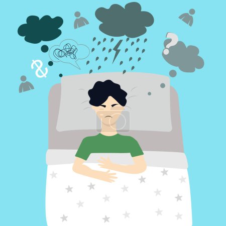 Illustration for Upset sick man lying in bed and thinking about his problems, pain, unresolved issue. The concept of making a difficult decision. Flat illustration. Vector - Royalty Free Image