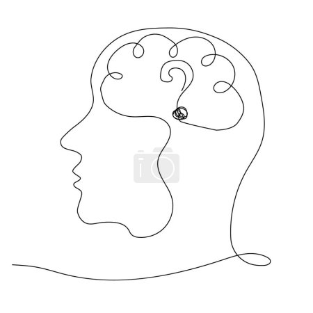 Illustration for Human head and question mark. Concept of thoughts about business, man asking questions, looking for answers. In the style of one line - Royalty Free Image