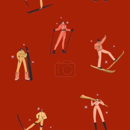Illustration for Hand drawn vector abstract Merry Christmas winter illustration seamless pattern, winter activity ski and snowboarding people characters.People in winter clothing.Winter active people characters - Royalty Free Image