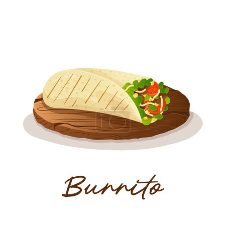 Illustration for Mexican burritto corn tortilla with minced meat, lettuce, corn and cheese on a wooden tray. Fast food restaurant and street food snacks, meat tortillas, takeaway food delivery - Royalty Free Image