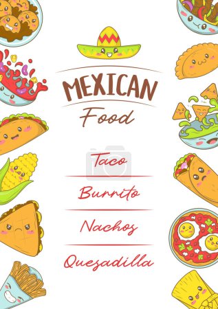 Téléchargez les illustrations : Modèle de menu de restauration rapide mexicain avec la nourriture kawaii dans le style doodle dessin animé. Affiche pour foire alimentaire et fisteval - en licence libre de droit