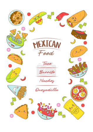 Téléchargez les illustrations : Modèle de menu de restauration rapide mexicain avec la nourriture kawaii dans le style doodle dessin animé. Affiche pour foire alimentaire et fisteval - en licence libre de droit