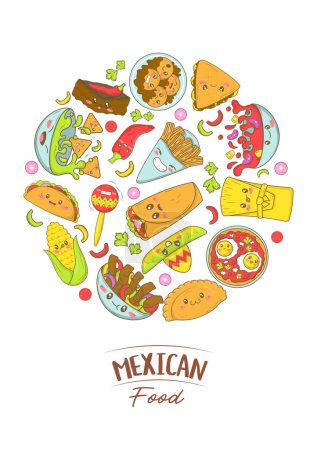 Téléchargez les illustrations : Modèle d'affiche de restauration rapide mexicaine avec la nourriture kawaii dans le style doodle dessin animé. Menu pour foire alimentaire et fisteval - en licence libre de droit