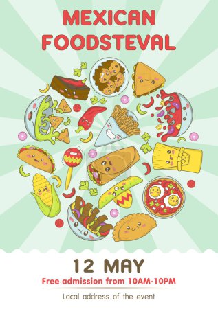 Téléchargez les illustrations : Foire mexicaine de restauration rapide et modèle fisteval avec la nourriture kawaii dans le style doodle dessin animé. - en licence libre de droit