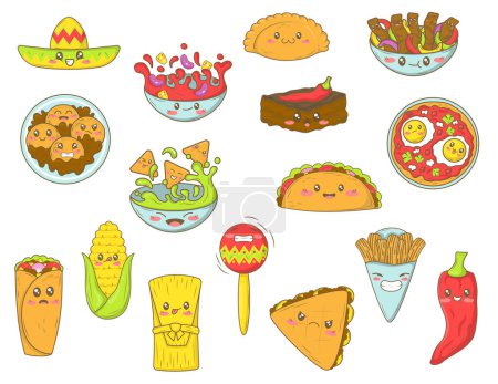 Téléchargez les illustrations : Bundle  of kawaii clip art with mexican food in cartoon doodle style. Mexican fast food collection with funny faces - en licence libre de droit