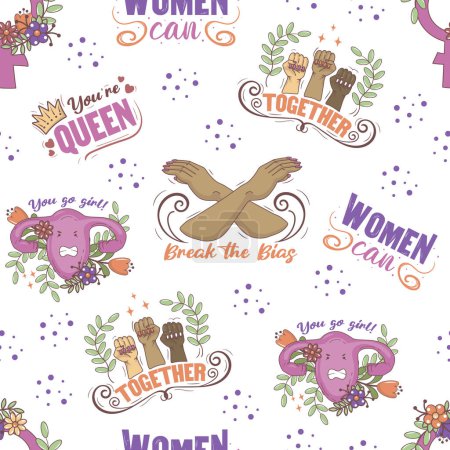 Illustration for Seamless feminist pattern for March 8 with lettering you are the queen and women can, hands clenched into a fist and uterus in doodle style - Royalty Free Image
