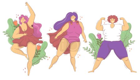 Illustration for Set of chubby happy women with hairy legs and armpits, support for feminist body positivity movement - Royalty Free Image