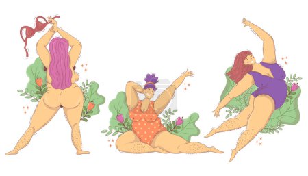Illustration for Set of chubby happy women with hairy legs and armpits against fatphobia women's rights support - Royalty Free Image