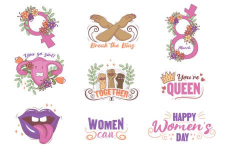 Illustration for Set of feminist symbols of the women's movement, feminist slogans for self-acceptance, support for women, gender equality in cartoon doodle style - Royalty Free Image