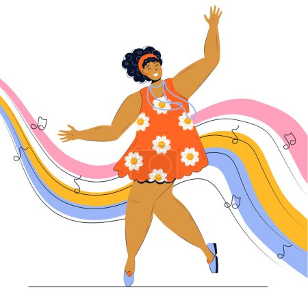 Téléchargez les illustrations : African american hippie woman in a dress with daisies dancing against the backdrop of rainbow waves of music - en licence libre de droit