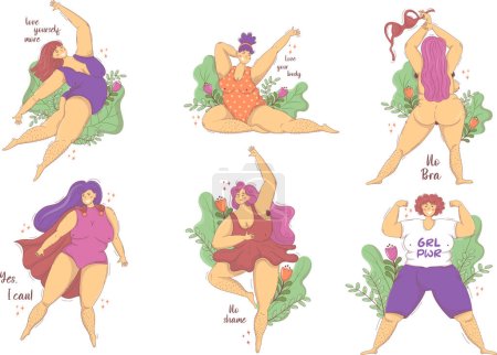Illustration for Set of plump happy women with hairy legs and armpits in different poses, self love, female freedom - Royalty Free Image