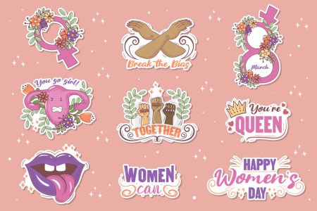 Illustration for Bundle with stickers with feminist symbols of the women's movement, slang phrases, body positivity slogans and gender equality, sisterhood and solidarity - Royalty Free Image