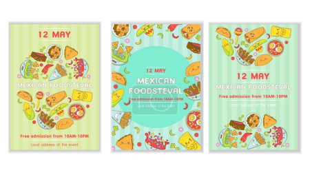 Téléchargez les illustrations : Ensemble de modèle de menu de restauration rapide mexicaine avec la nourriture kawaii dans le style de doodle de dessin animé Affiche pour la foire alimentaire et fisteval - en licence libre de droit