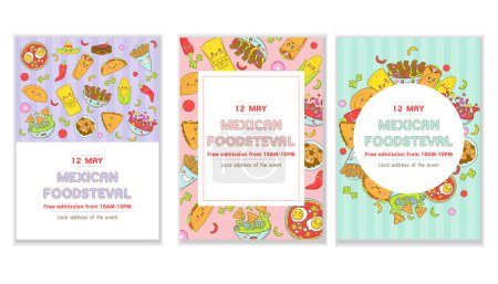 Téléchargez les illustrations : Set of Mexican fast food menu template with kawaii food in cartoon doodle style Poster for food fair and fisteval - en licence libre de droit